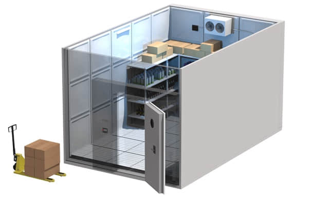 3D view of a small cold room with goods stored inside