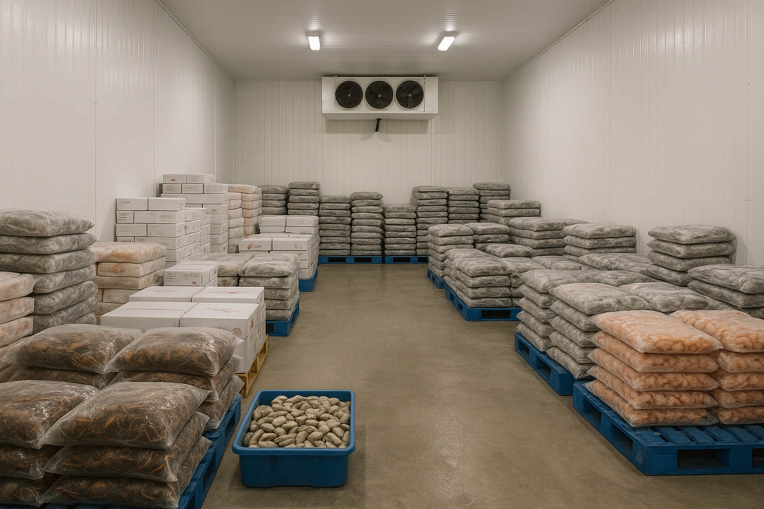 Cold room refrigeration project interior with insulated panels and storage area