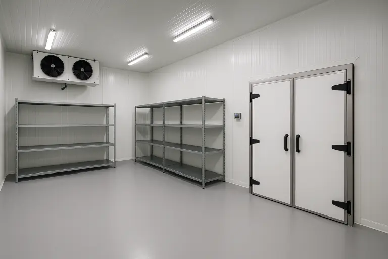 Cold room project interior view with insulated panels and refrigeration space