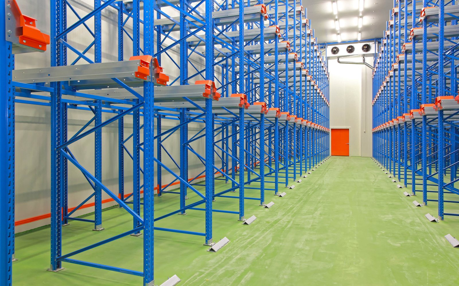 Cold storage room with blue pallet racking for frozen goods
