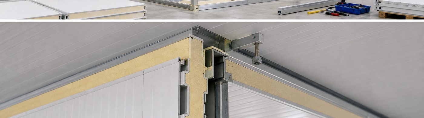 cold room construction installation detail with insulated panels and refrigeration equipment