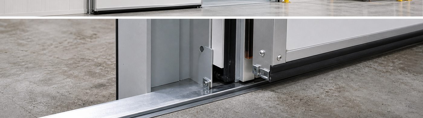 cold room door installation detail with insulated panels and refrigeration equipment