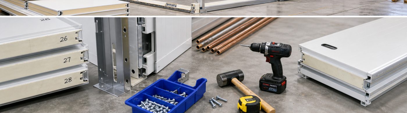 cold room setup installation detail with insulated panels and refrigeration equipment