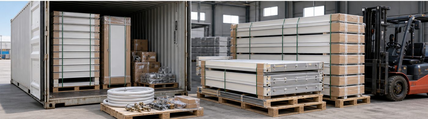 cold storage container installation detail with insulated panels and refrigeration equipment