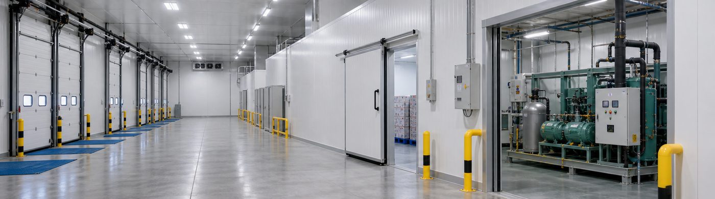 cold storage facility installation detail with insulated panels and refrigeration equipment