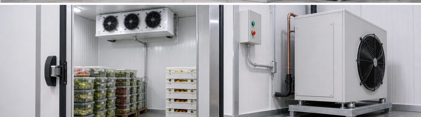 cold storage unit installation detail with insulated panels and refrigeration equipment