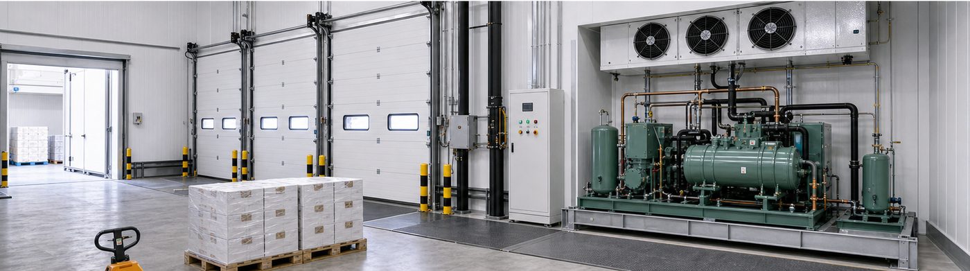 cold storage warehouse installation detail with insulated panels and refrigeration equipment