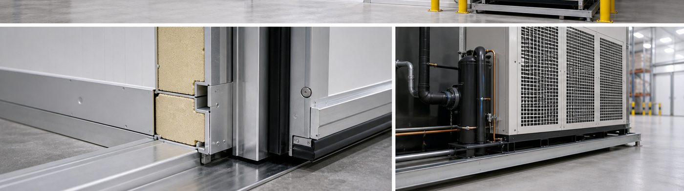 energy efficient cold room installation detail with insulated panels and refrigeration equipment