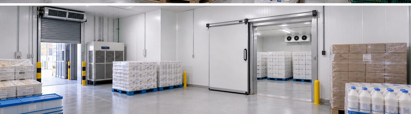 food cold storage installation detail with insulated panels and refrigeration equipment