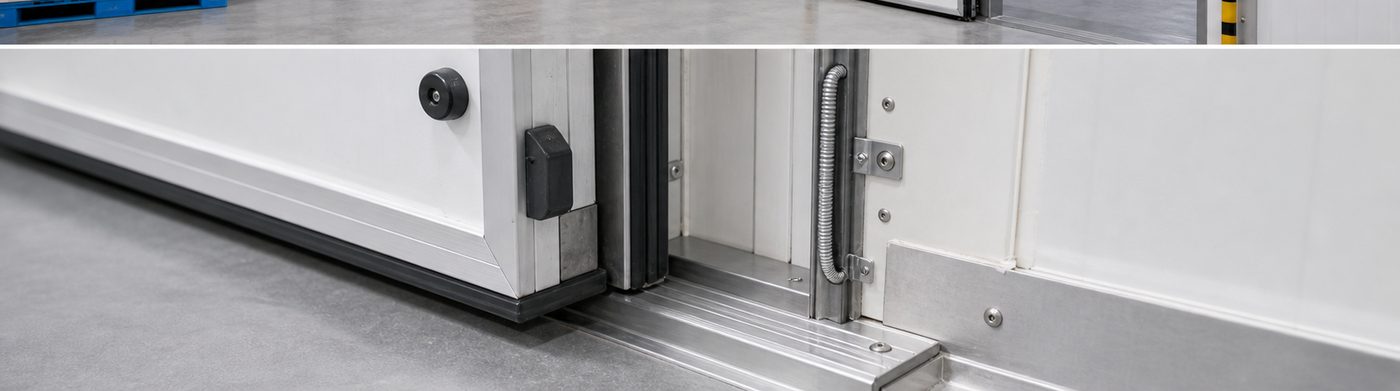 freezer room installation detail with insulated panels and refrigeration equipment