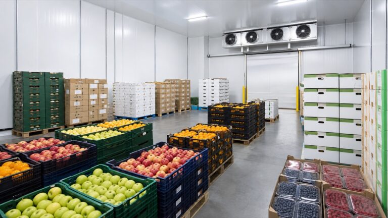 cold storage for fruits with fresh produce pallets in refrigerated room
