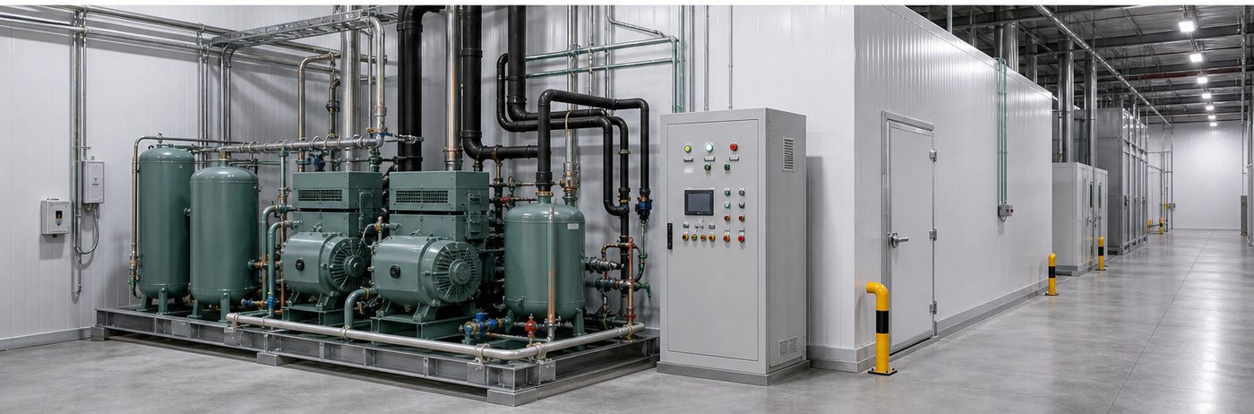 industrial cold room installation detail with insulated panels and refrigeration equipment