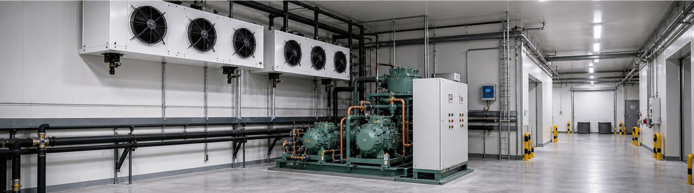 large cold storage installation detail with insulated panels and refrigeration equipment