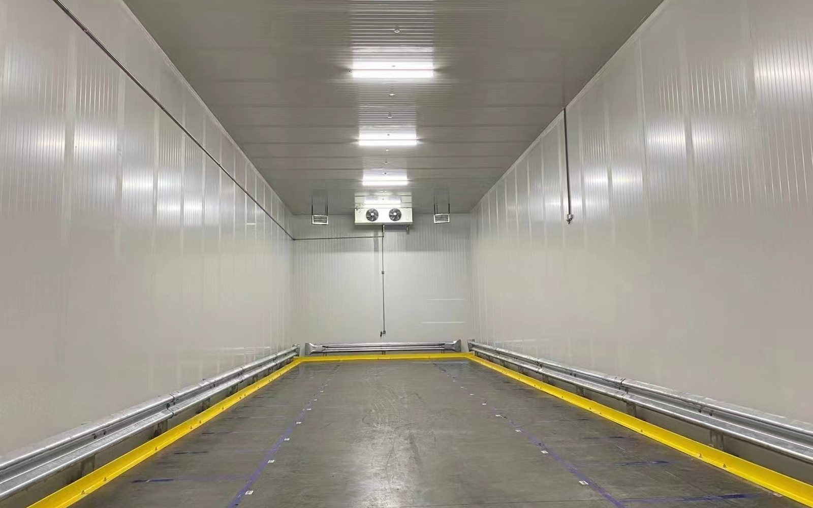 Clean freezer room with insulated wall panels and unit cooler