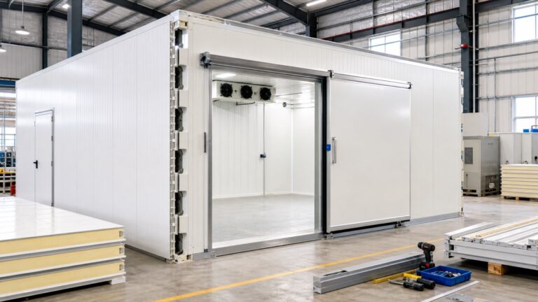 modular cold room panel installation with insulated sliding door