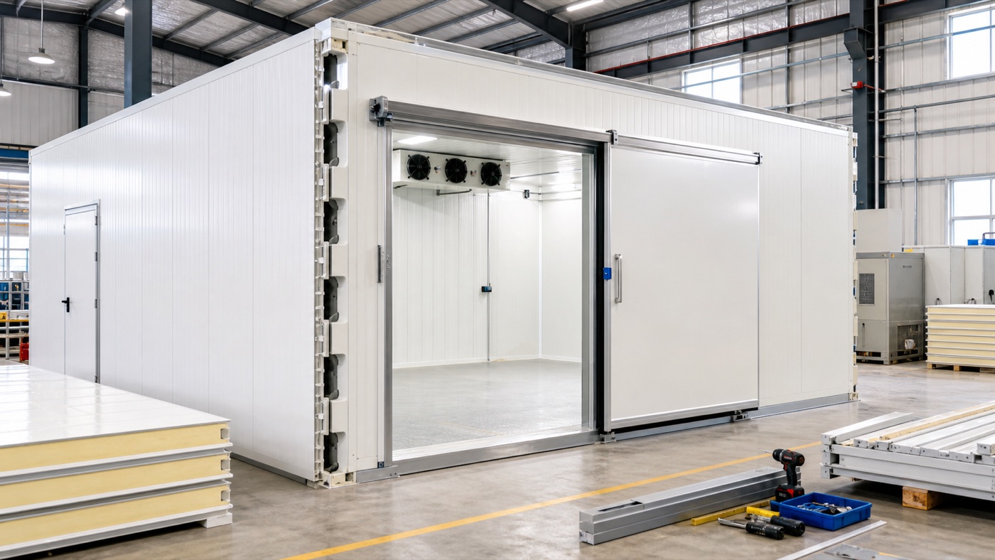 modular cold room panel installation with insulated sliding door