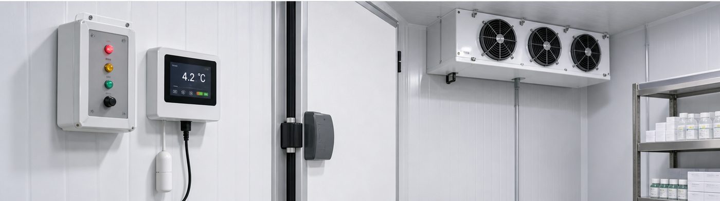 pharmaceutical cold storage installation detail with insulated panels and refrigeration equipment