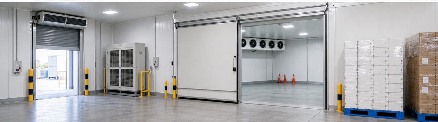 refrigerated storage installation detail with insulated panels and refrigeration equipment