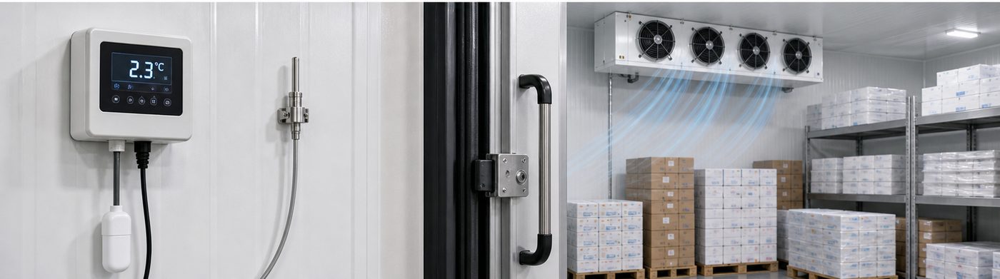 temperature controlled storage installation detail with insulated panels and refrigeration equipment