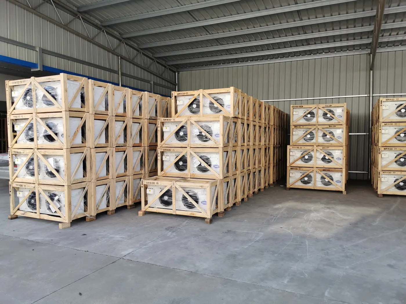 Floor standing air coolers packed in JiangNan factory warehouse