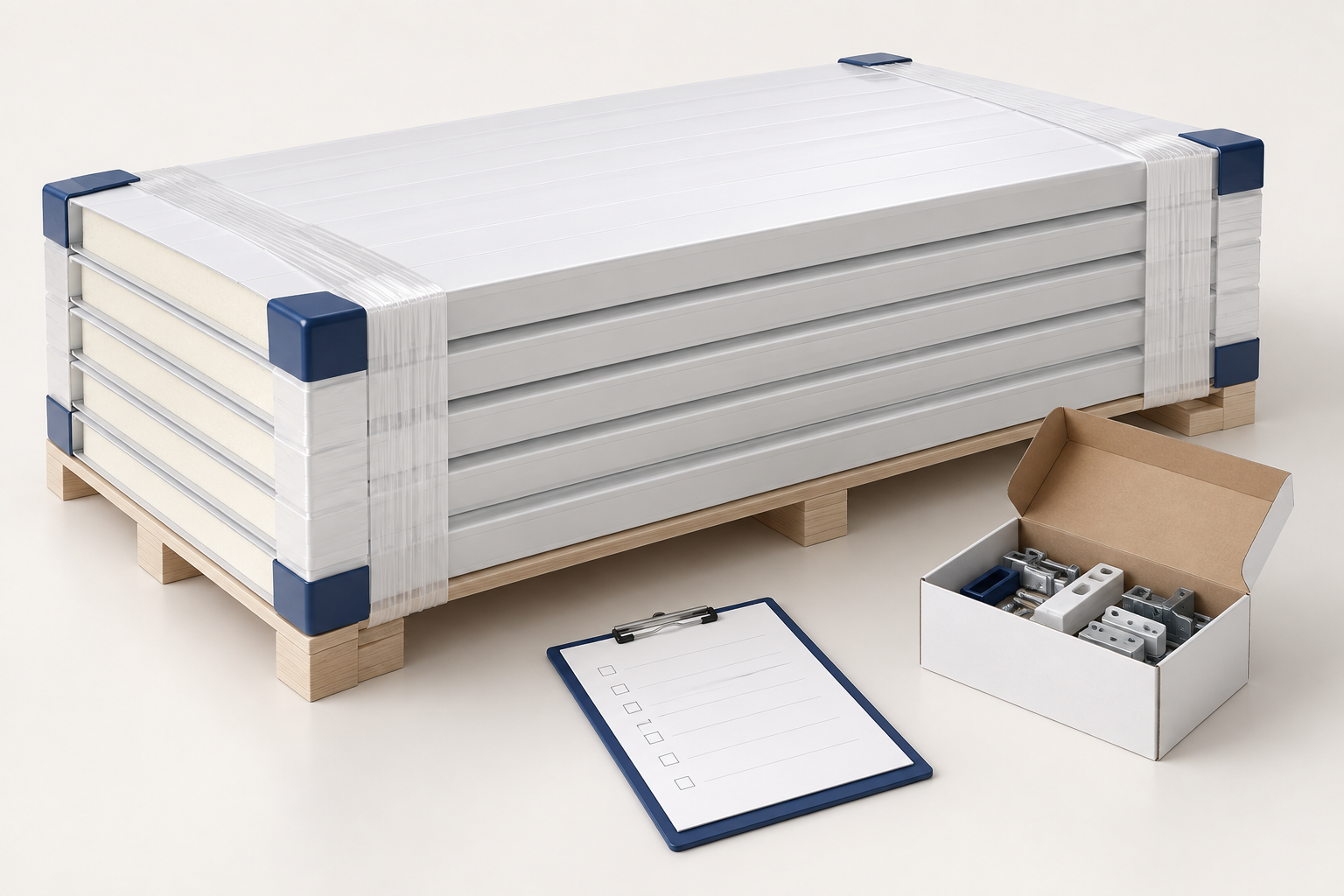 Concept illustration of panel packages, an accessory box and a receiving checklist.