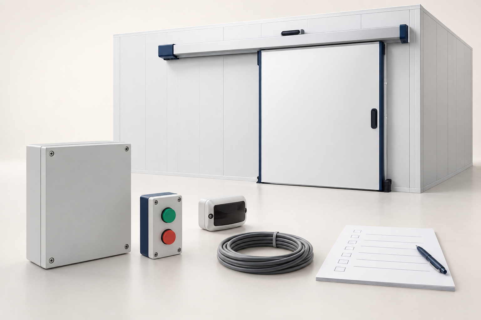 Concept illustration of an electric sliding cold room door with external controls.