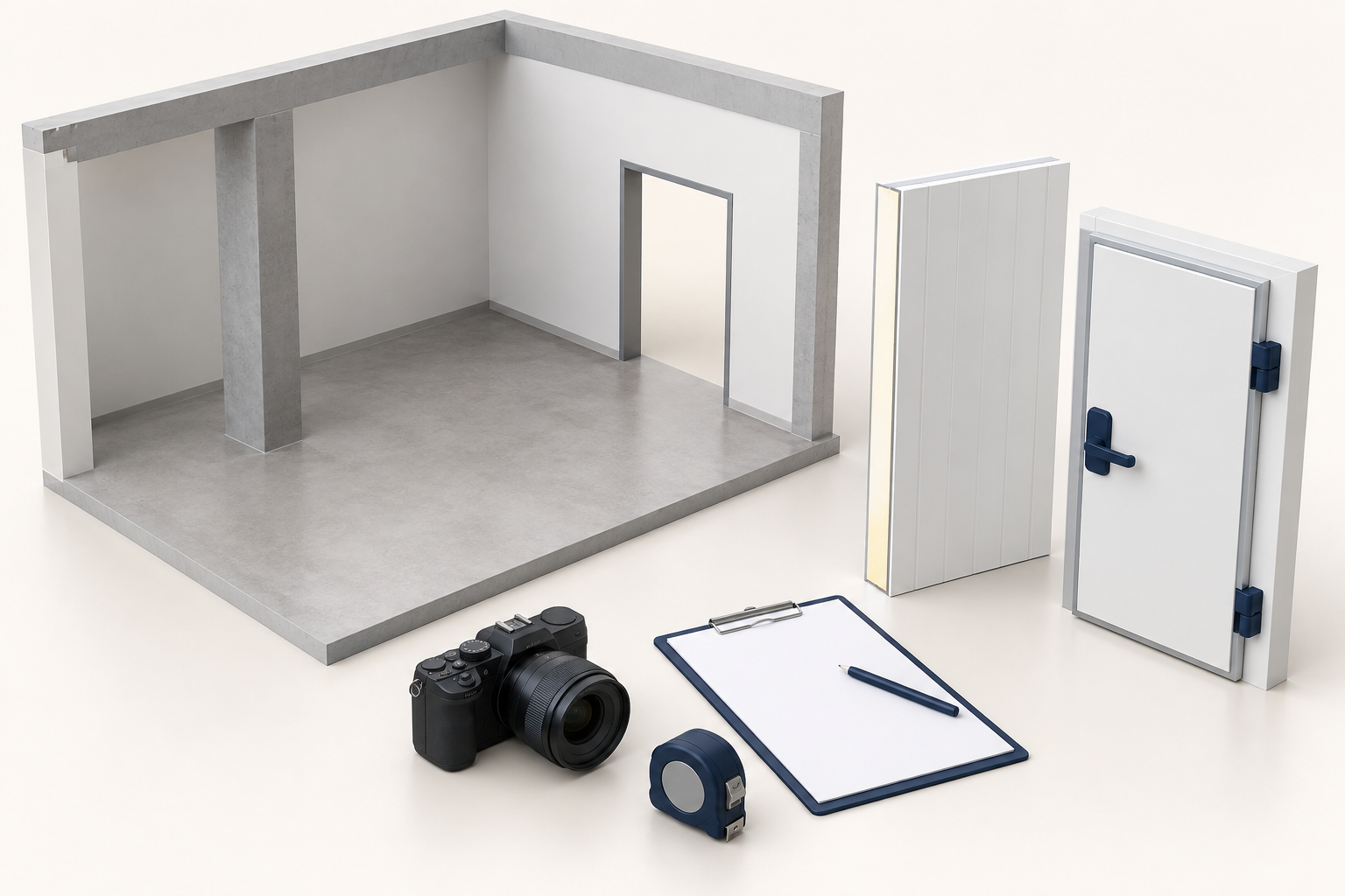Concept illustration of an indoor cold room location and panel delivery route in an existing building.